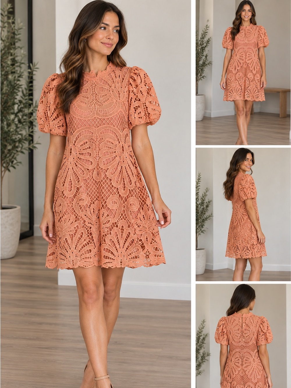 SHEIN Women's Peach Lace Puff Sleeve Dress